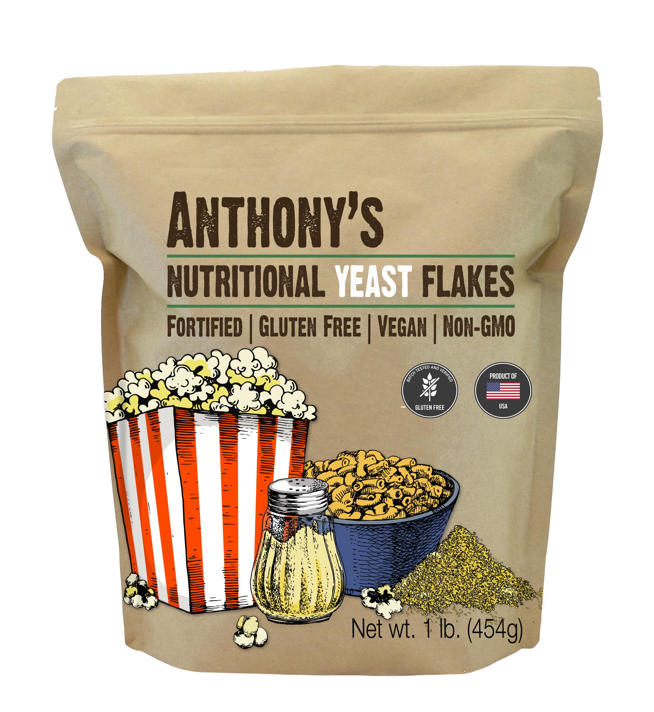 Anthony’s Premium Nutritional Yeast Flakes, 1 lb, Fortified, Gluten Free, Non GM