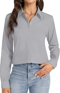 J.VER Camicia da donna a maniche lunghe con bottoni, senza pieghe, elasticizzata, tinta unita, Grigio chiaro, S
