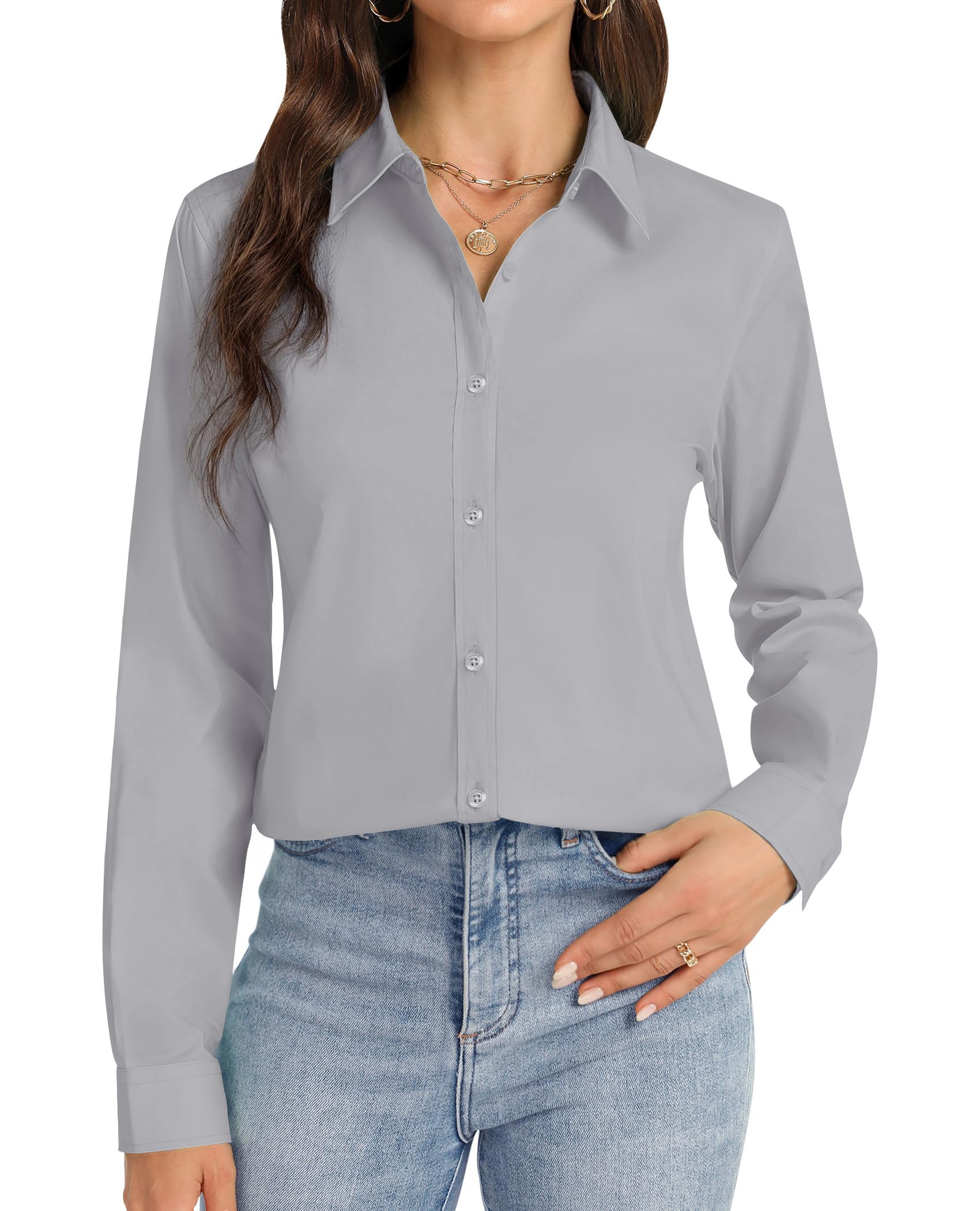 J.VER Camicia da donna a maniche lunghe con bottoni, senza pieghe, elasticizzata