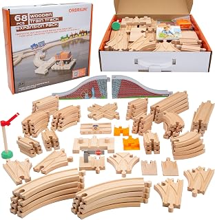 Wooden Train Tracks 68 Pcs Expansion Pack with Arched Bridge, Engine Barge, Dock, Stop & Go Checkpoint, Signal Pole, Cross Track – Compatible with Thomas, Brio Wooden Railways by ORBRIUM