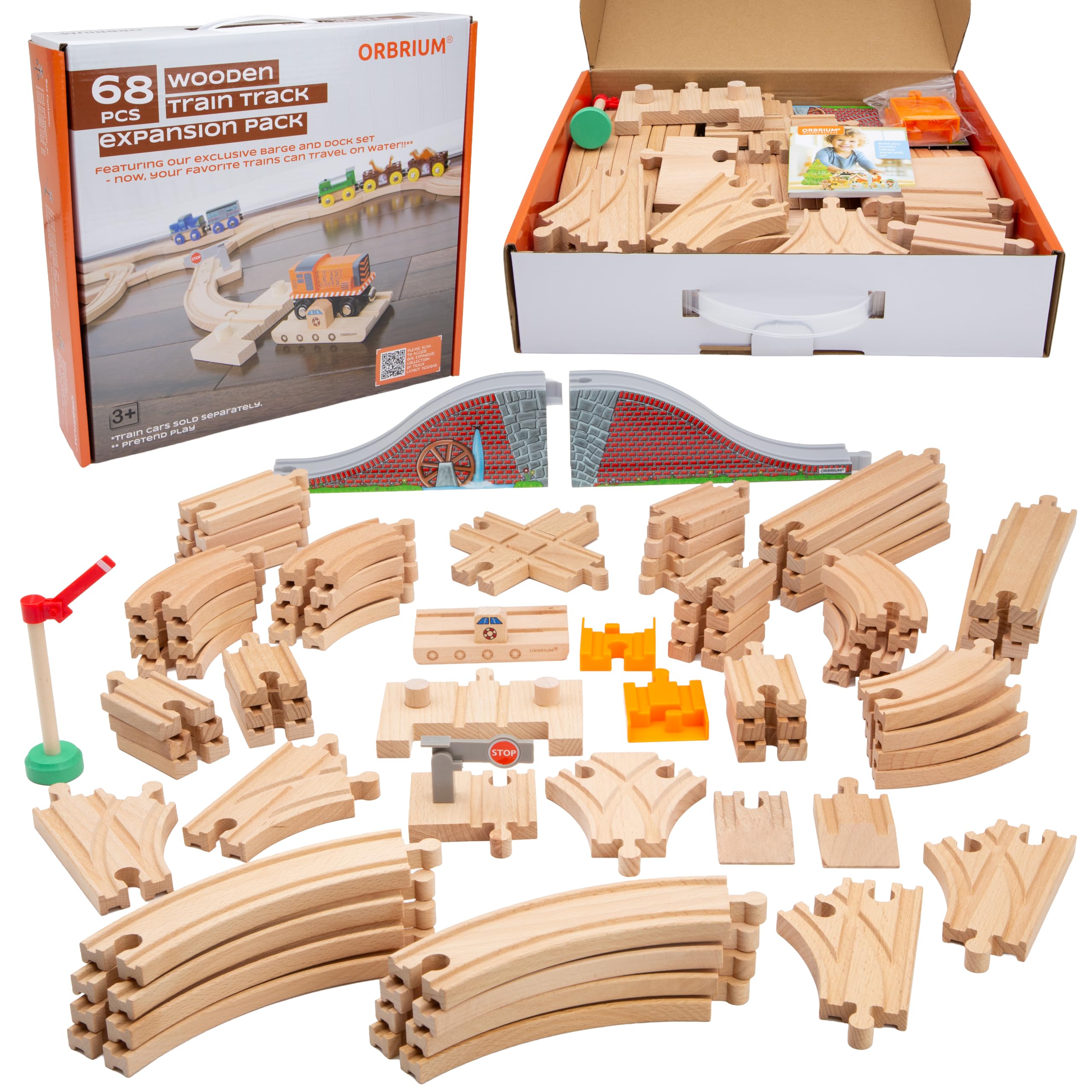 Wooden Train Tracks 68 Pcs Expansion Pack with Arched Bridge, Engine Barge, Dock