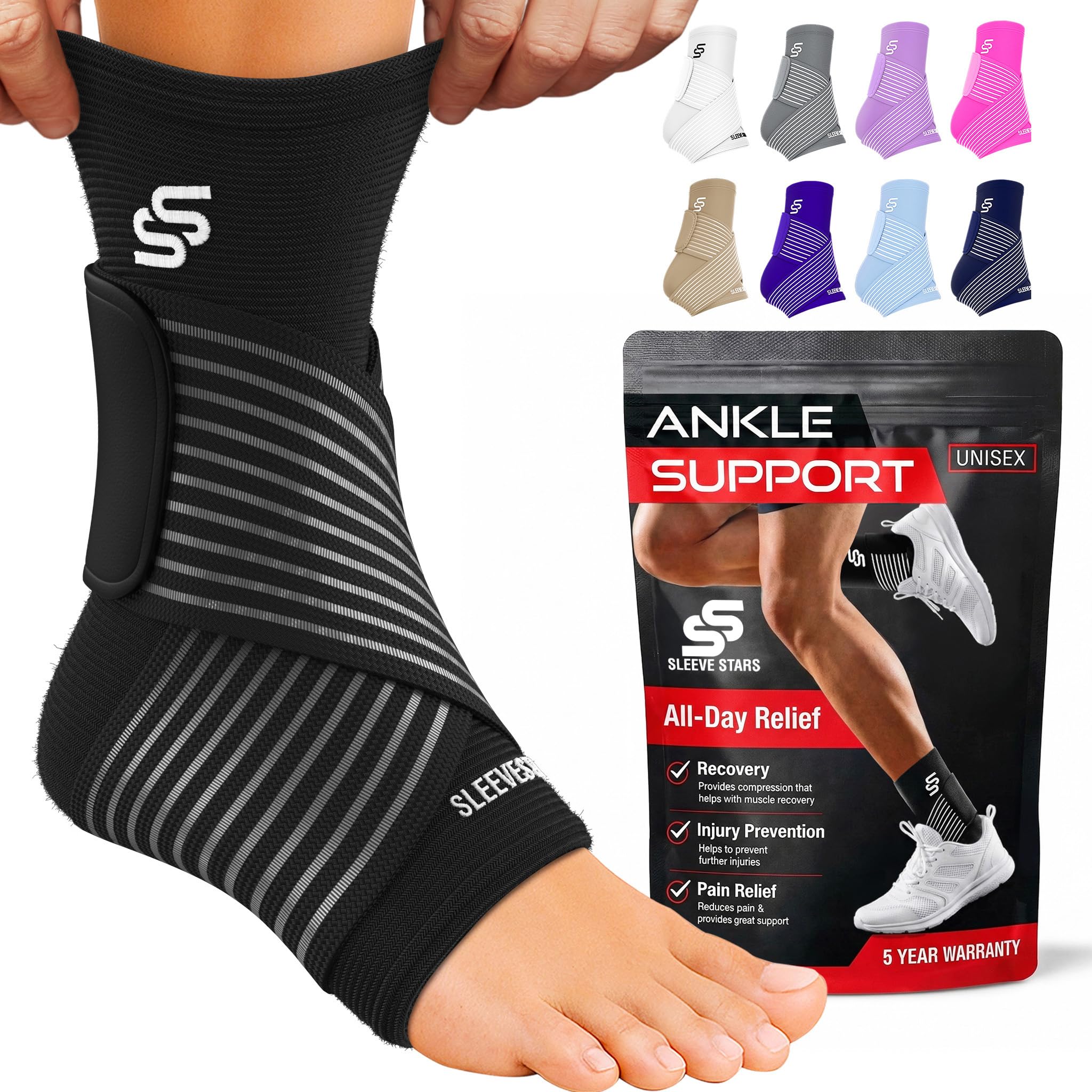 Sleeve Stars Ankle Brace Men & Women Support (Single/M:10"-12"/Black) | Plantar 