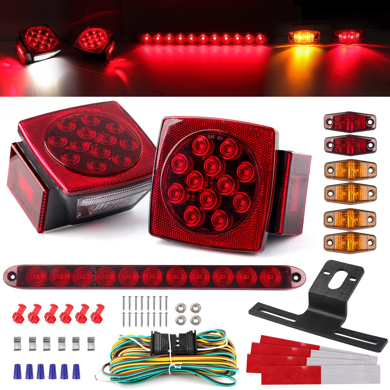 Partswcgg 12V Trailer Led Lights Tail Kit Submersible w/25FT Wiring Harness | 2x