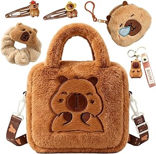 Evewind Capybara Plush Girls Handbag, Cute Capybara Crossbody Bag with Hair Tie Bands Key Ring Wallet, Capybara Gifts Girls Bag for Girl Travel School Daily Use, 18x16x6cm, Brown