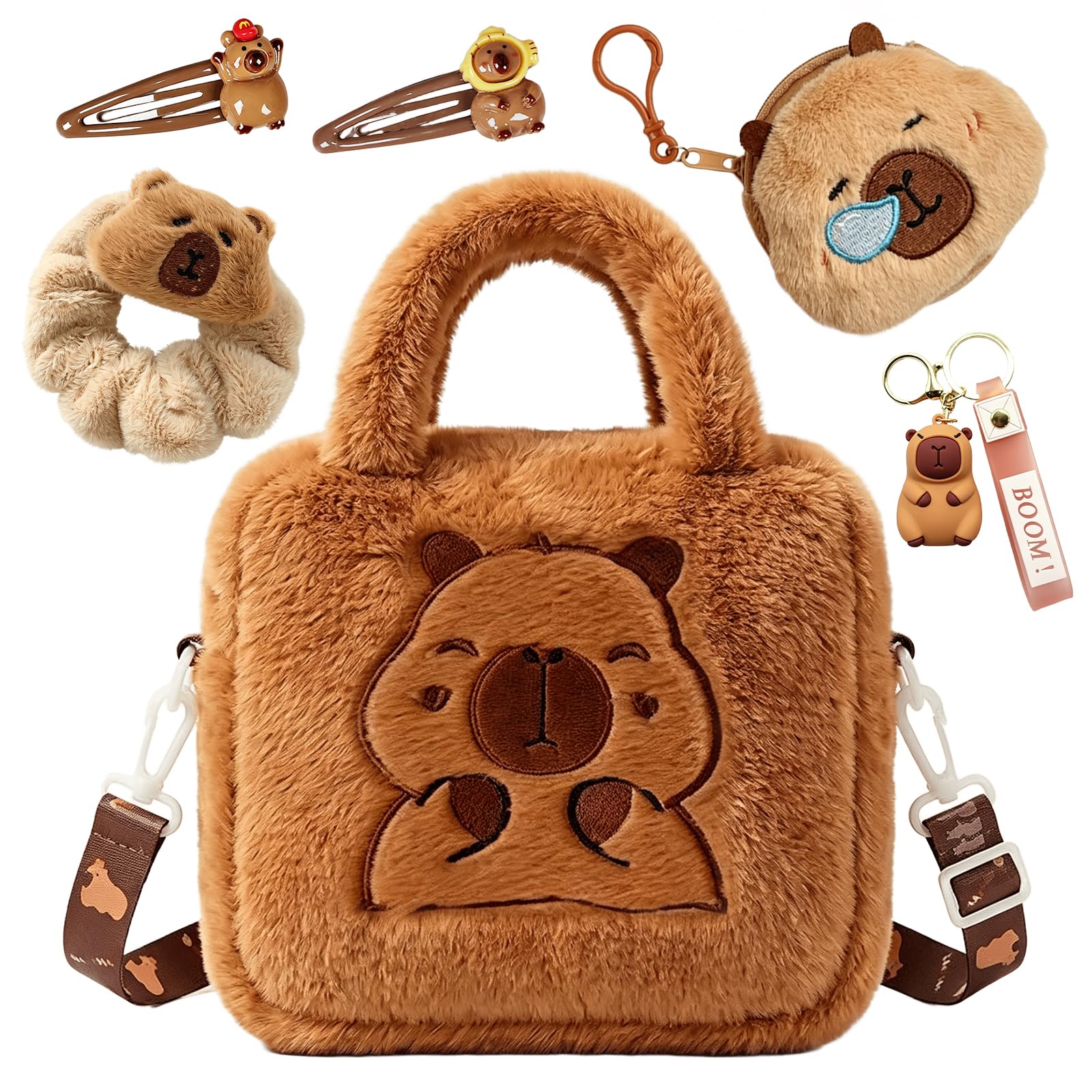 Evewind Capybara Plush Girls Handbag, Cute Capybara Crossbody Bag with Hair Tie 