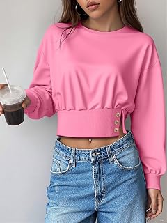 Casual Pink Women Crop Sweatshirt Side Split Top For Park Walking