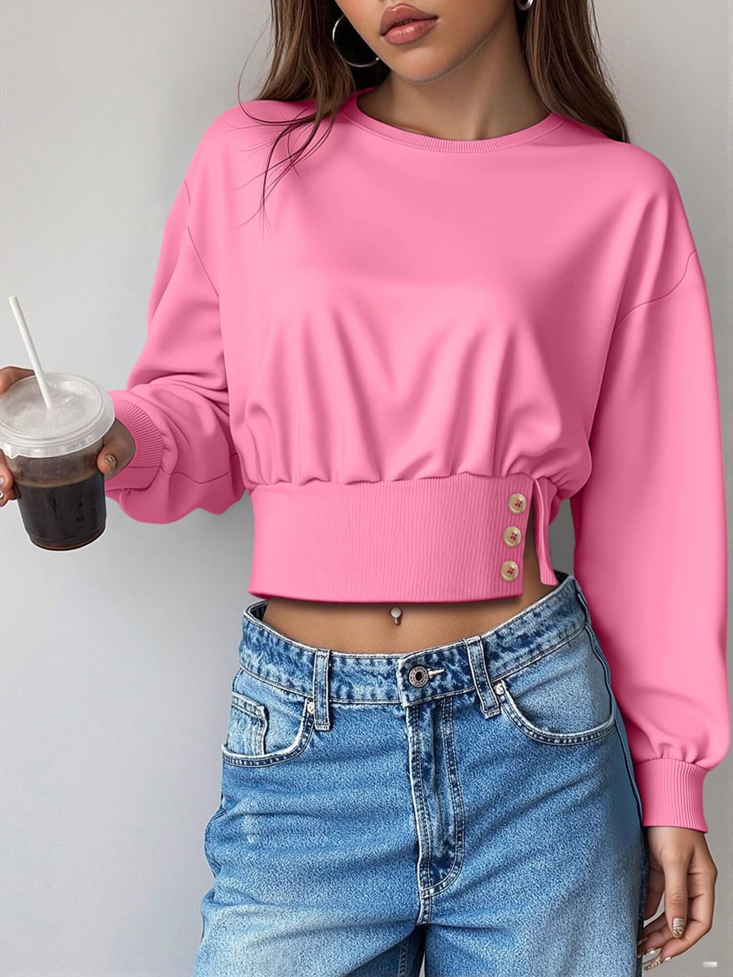 Casual Pink Women Crop Sweatshirt Side Split Top For Park Walking