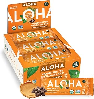 ALOHA Organic Plant Based Protein Bar | Peanut Butter Chocolate Chip, 12 Ct | 14g Plant-Based Protein, 10g Fiber, 5g Sugar | GLP-1 & Keto Friendly, No Sucralose or Stevia | Non-GMO, Vegan & Dairy Free
