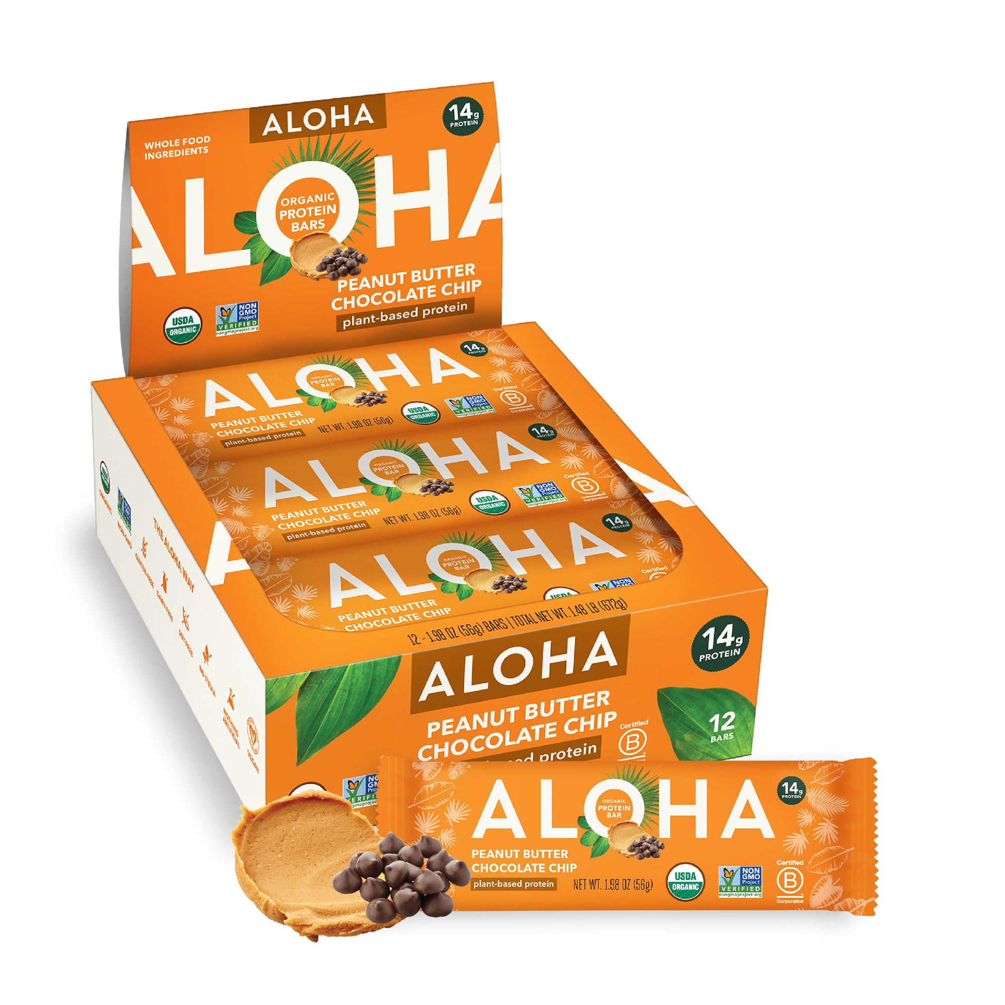 ALOHA Organic Plant Based Protein Bar | Peanut Butter Chocolate Chip, 12 Ct | 14