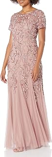 Adrianna Papell Women's Short-Sleeve Floral Beaded Godet Gown Dress