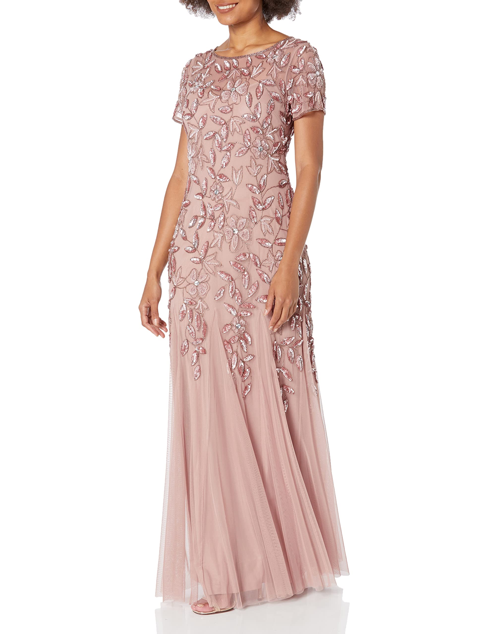 Adrianna Papell Women's Short-Sleeve Floral Beaded Godet Gown Dress