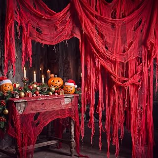 zerjx Halloween Red Creepy Cloth 500" x 85" - Large Bloody Spooky Gauze Fabric for Haunted House Decor, Scary Halloween Party Backdrop Indoor Outdoor Doorway Drape