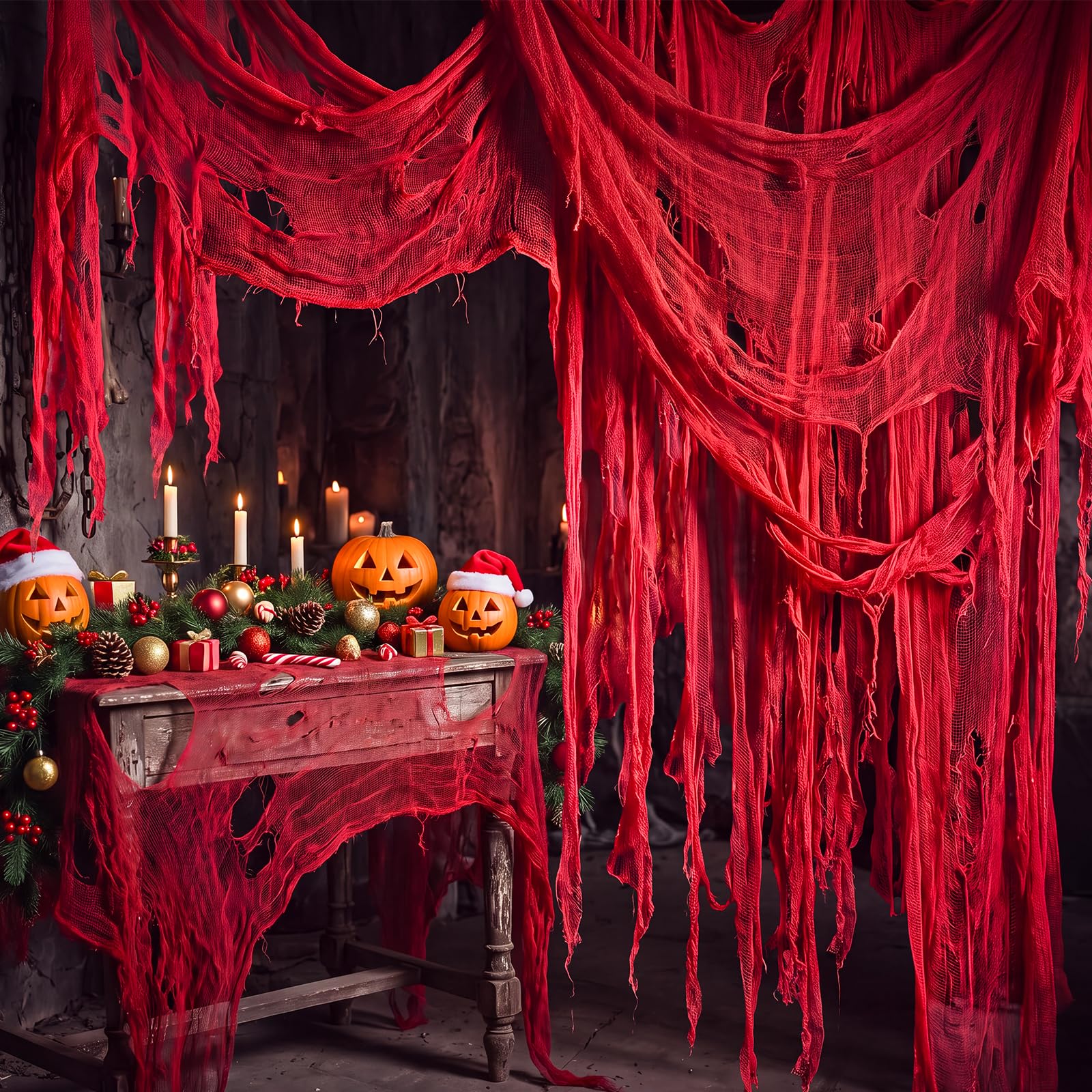zerjx Halloween Red Creepy Cloth 500" x 85" - Large Bloody Spooky Gauze Fabric f