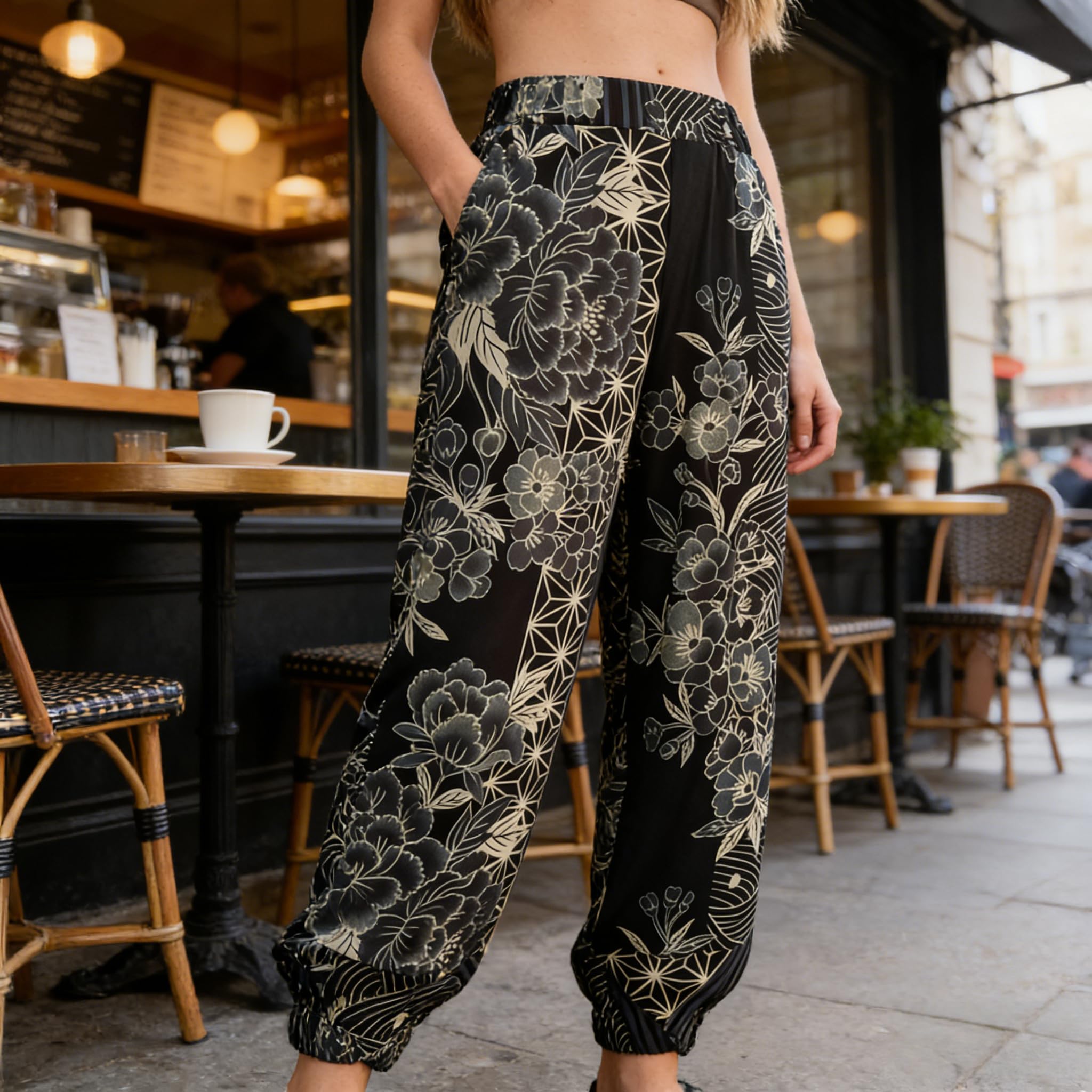 Digital Print Casual Pants for Women,Plum Blossom Pattern Loose Fit Trousers,Fas