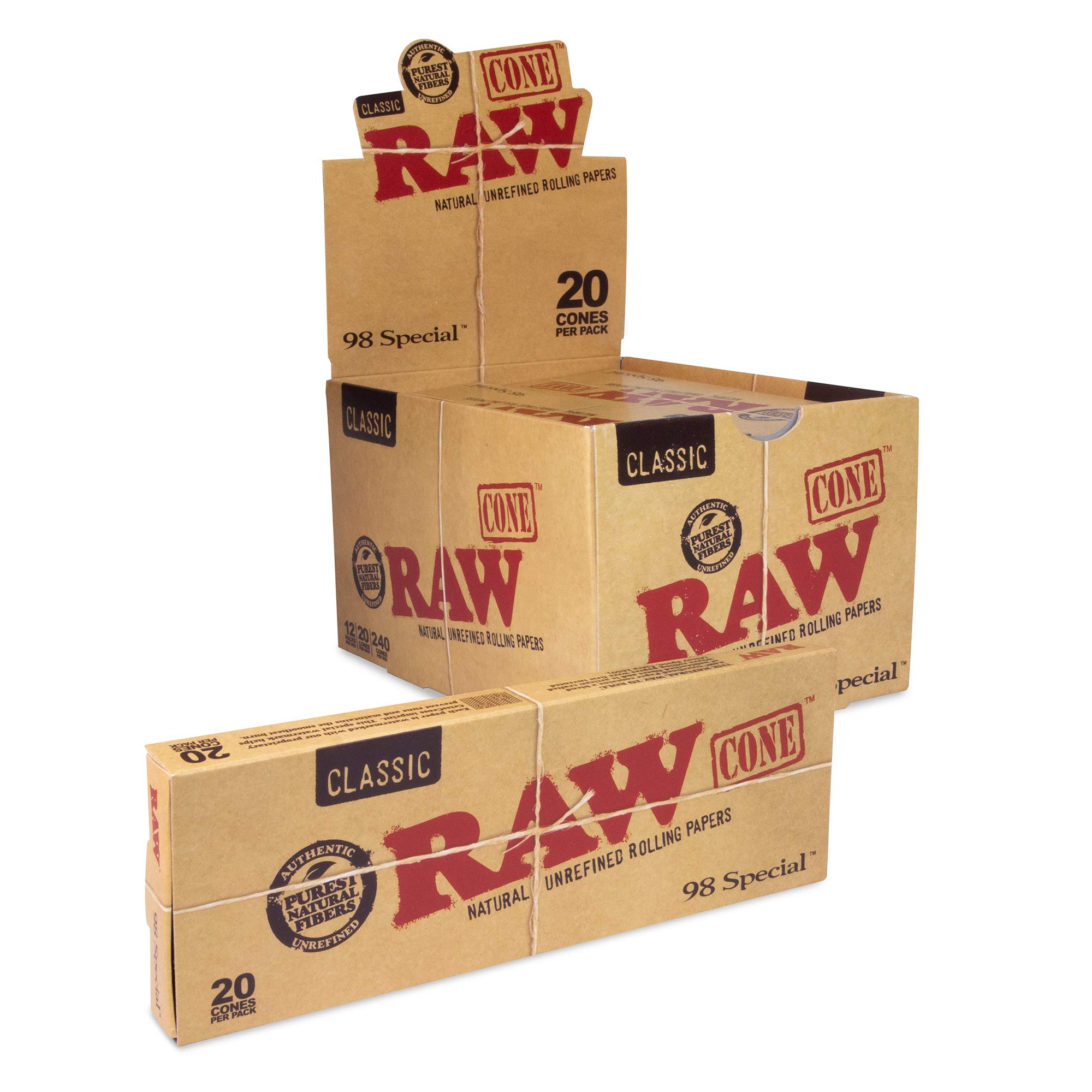 RAW Classic Natural Unrefined Pre Rolled Cones | 98 Special Size | 240 cones (12