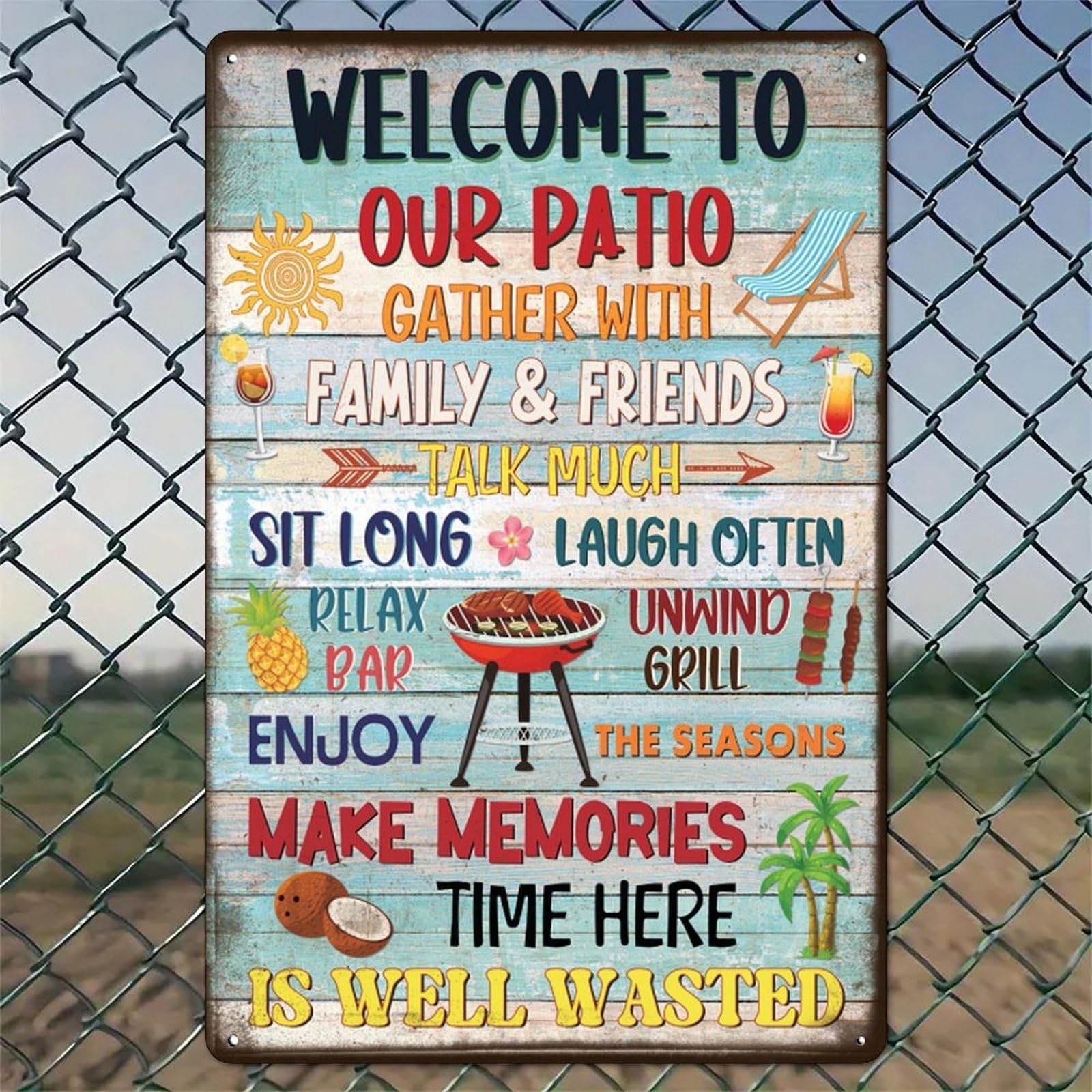 Welcome to our Rustic Aluminum Patio BBQ & Cocktails Wall Art & Tin Sign - Vinta