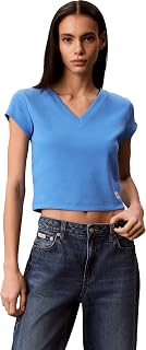 Calvin Klein Donna T-Shirt Maniche Corte Woven Label Rib Tee con Scollo a V