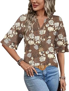 LOMON Blusas de manga corta con volantes para mujer, camisetas de moda con cuello en V, estilo casual, manga acampanada 3/4, ropa de primavera y verano