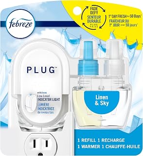 Febreze Plug In Air Freshener, Odor-Fighting Scented Oil Starter Kit, Air Fresheners for Home and Bathroom and Kitchen, Long Lasting for Strong Odors, Linen & Sky Scent, Warmer + 1 Refill
