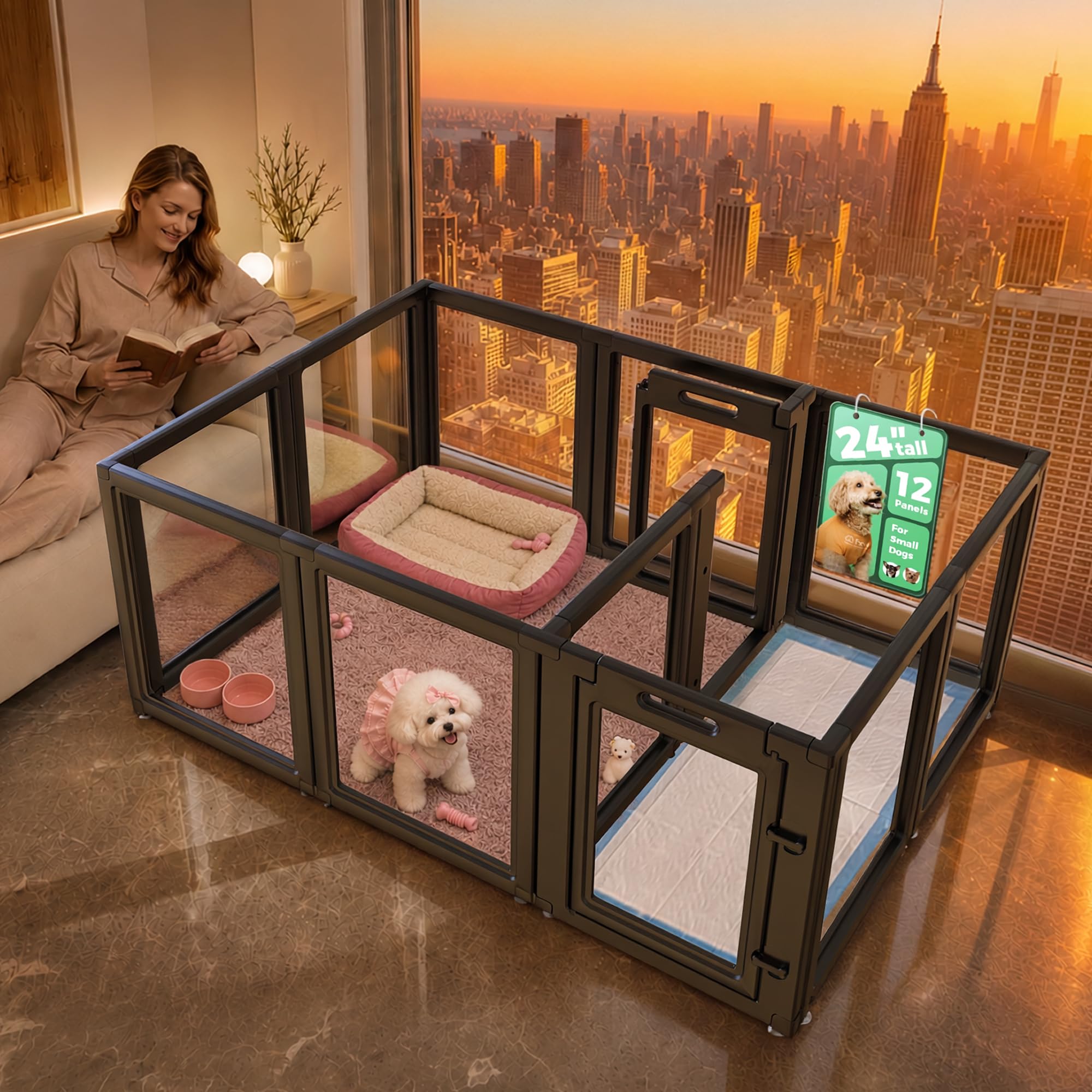 FXW AuraSpace Clear Acrylic Indoor Dog Playpen, 24" H, 12 Panels, Black | Open V
