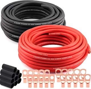 8 Gauge Wire (50ft Each - Red/Black) Copper Clad Aluminum CCA - Primary Automotive Wire,Car Amplifier Power & Ground Cable, 20PCS Lugs Terminal Connectors,20PCS 2:1 Heat Shrink Tubing