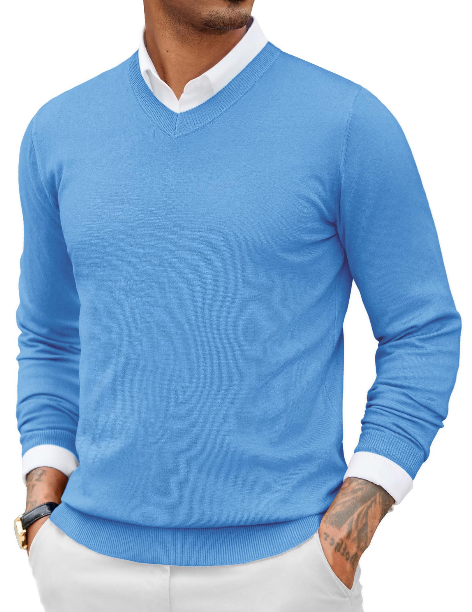 COOFANDY Mens Casual V Neck Sweater Knit Slim Fit Long Sleeve Pullover Top