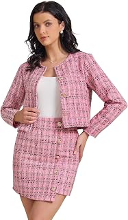 Allegra K Women Business Tweed Button Down Blazer Mini Skirts Set