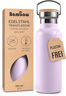 Bambaw Thermos Flask, Stainless Steel, 500 ml, Water Bottle, Thermo, Double-Walled & Rust-Resistant Metal, Reusable, Easy to Carry, Suitable for Tea Filters, Ideal for Travel (Lilac Purple)