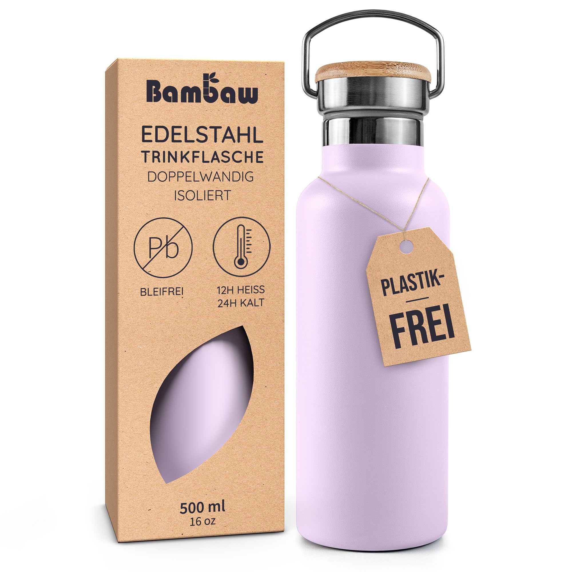 Bambaw Thermos Flask, Stainless Steel, 500 ml, Water Bottle, Thermo, Double-Wall