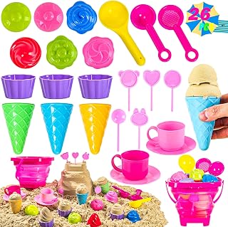 Kids Sand Toys Bulk, 26pcs Colorful Beach Toys with Ice Cream Molds Shovels and Collapsible Bucket Heavy Duty for Boys Girls Indoor/Outdoor Travel Party Play