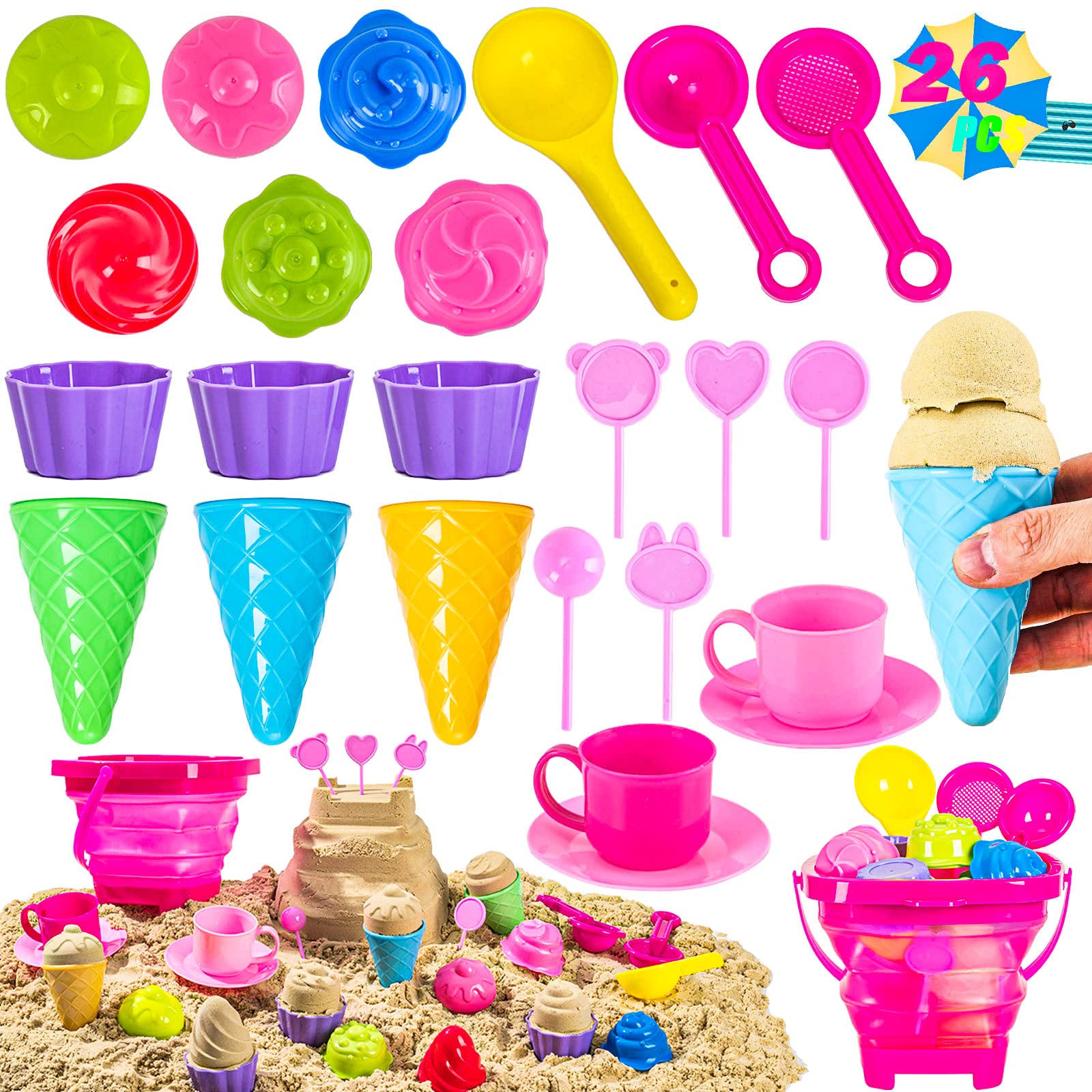 Kids Sand Toys Bulk, 26pcs Colorful Beach Toys with Ice Cream Molds Shovels and 