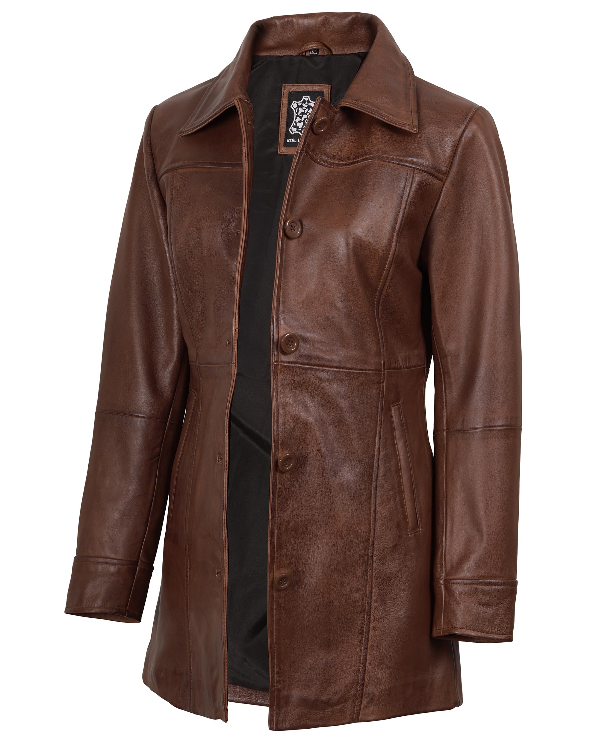 Decrum Real Lambskin 3/4 Length Leather Jacket Car Coat Style for Women