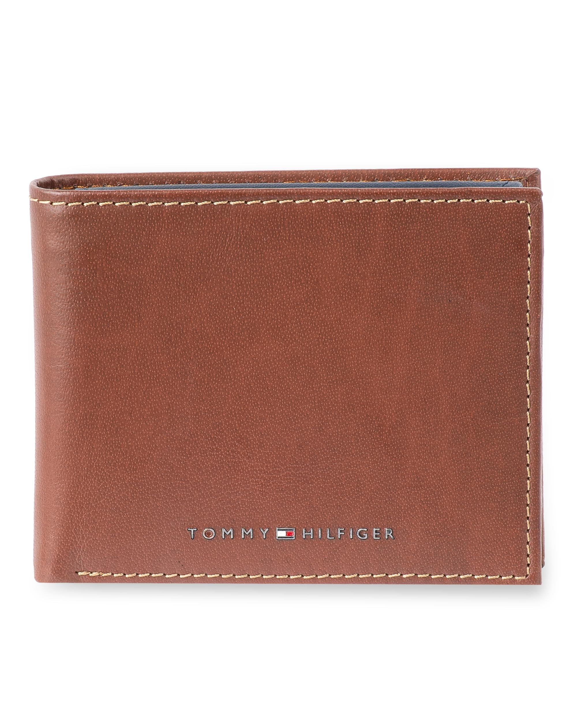 Tommy Hilfiger mens Leather Bifold Wallet with Removable ID Window Tan/Navy