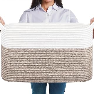 JOJOSEE Large Woven Storage Basket Laundry Baskets (White&Brown) 55x38x30cm