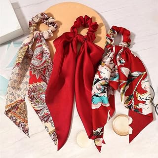 3 Pcs Women Bowknot Flower Hair Scrunchies Ponytail Holders for Girls,Red-1
