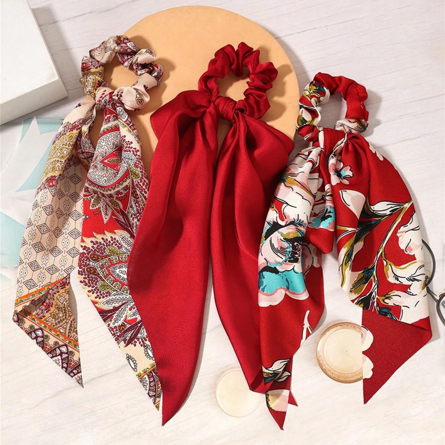 3 Pcs Women Bowknot Flower Hair Scrunchies Ponytail Holders for Girls,Red-1