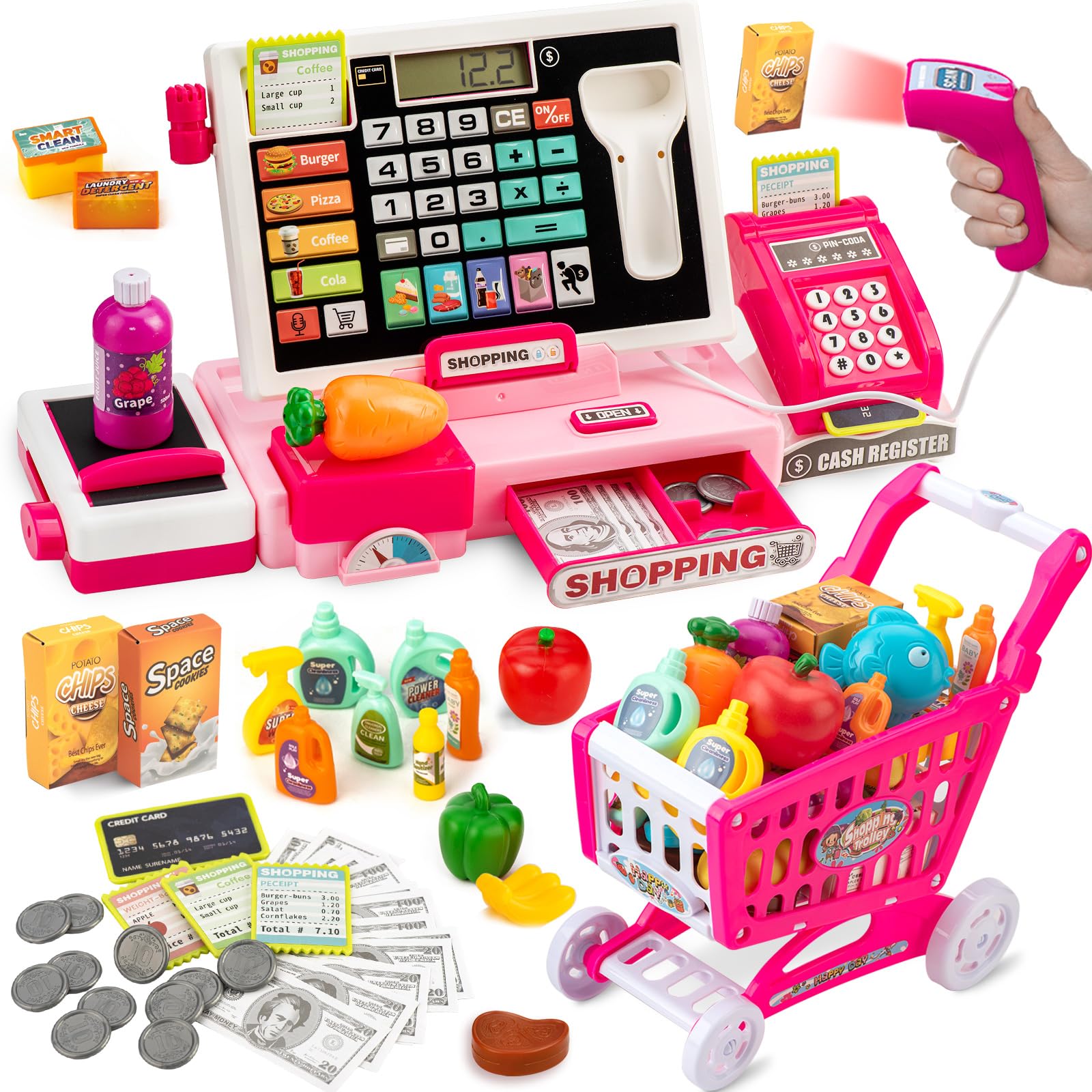 Kids Cash Register Toy with Shopping Cart Toddler Pretend Play Store Cashier Reg