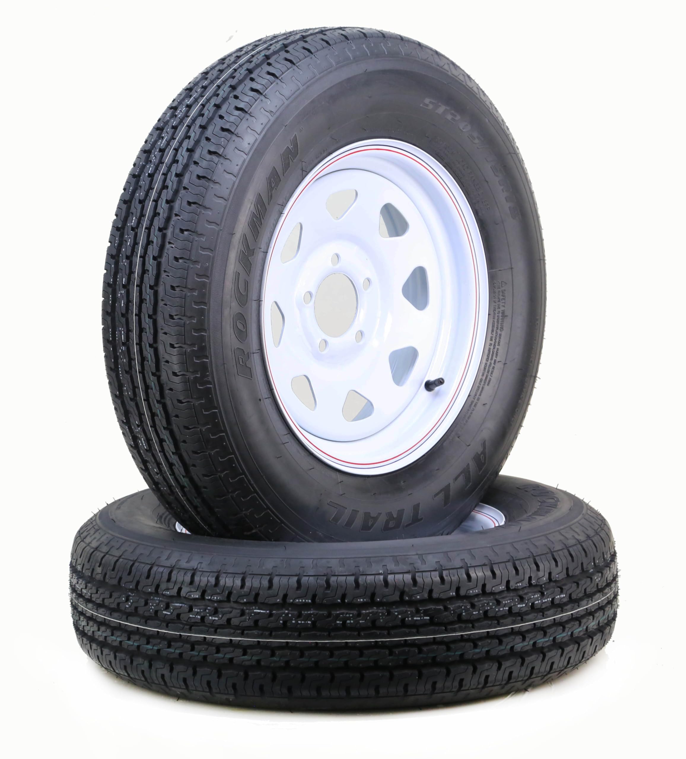 ROCKMAN Trailer Tire Wheel ST205/75R15 8PR D 107M 5X4.5 White Spoke Rim Pk2 | 5 