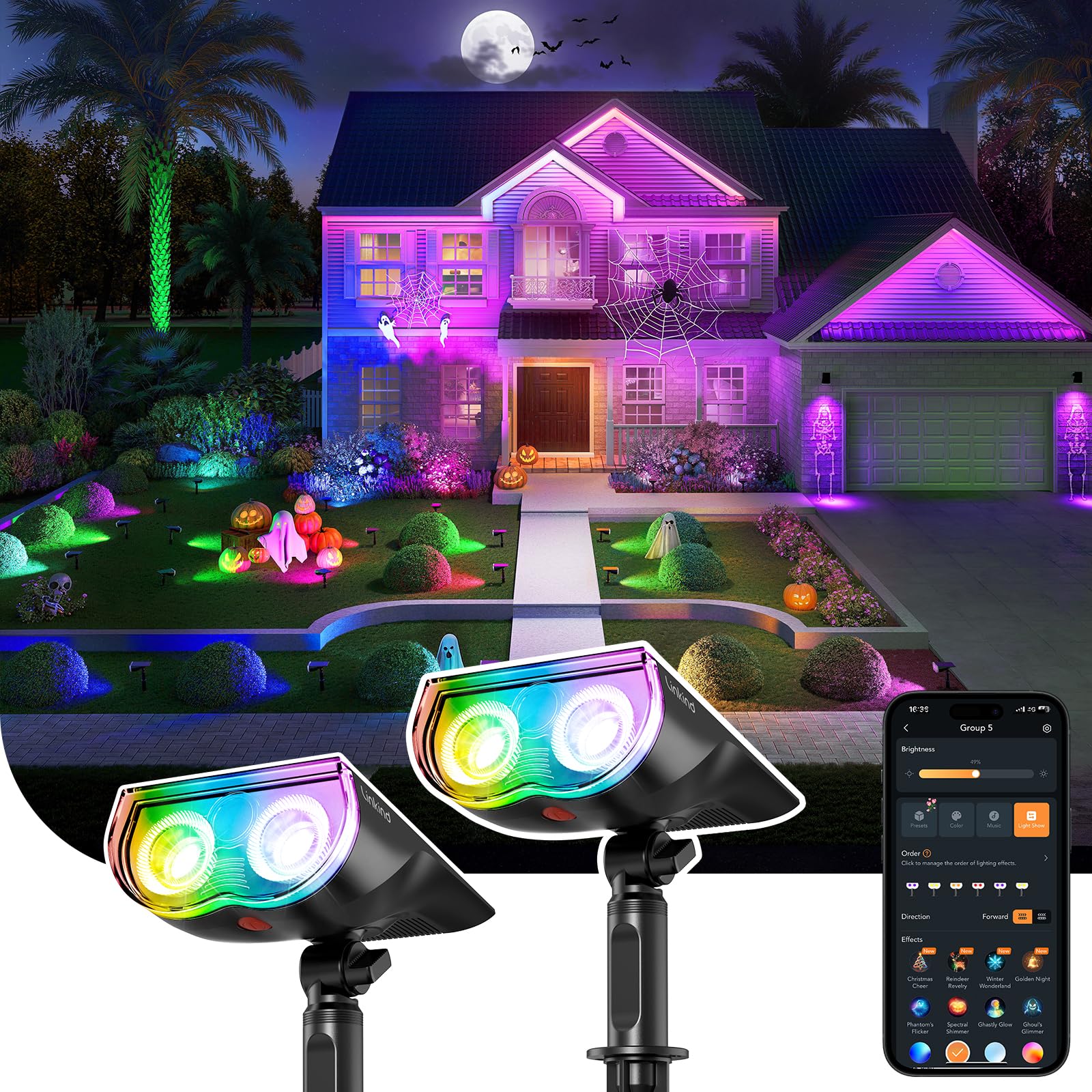 Linkind Smart Solar Spot Lights Outdoor SL5C, IP67 Halloween Lights Outdoor | RG