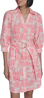 Karl Lagerfeld Women's 3/4 Sleeve Collared Belted Cotton Mini Shirtdress