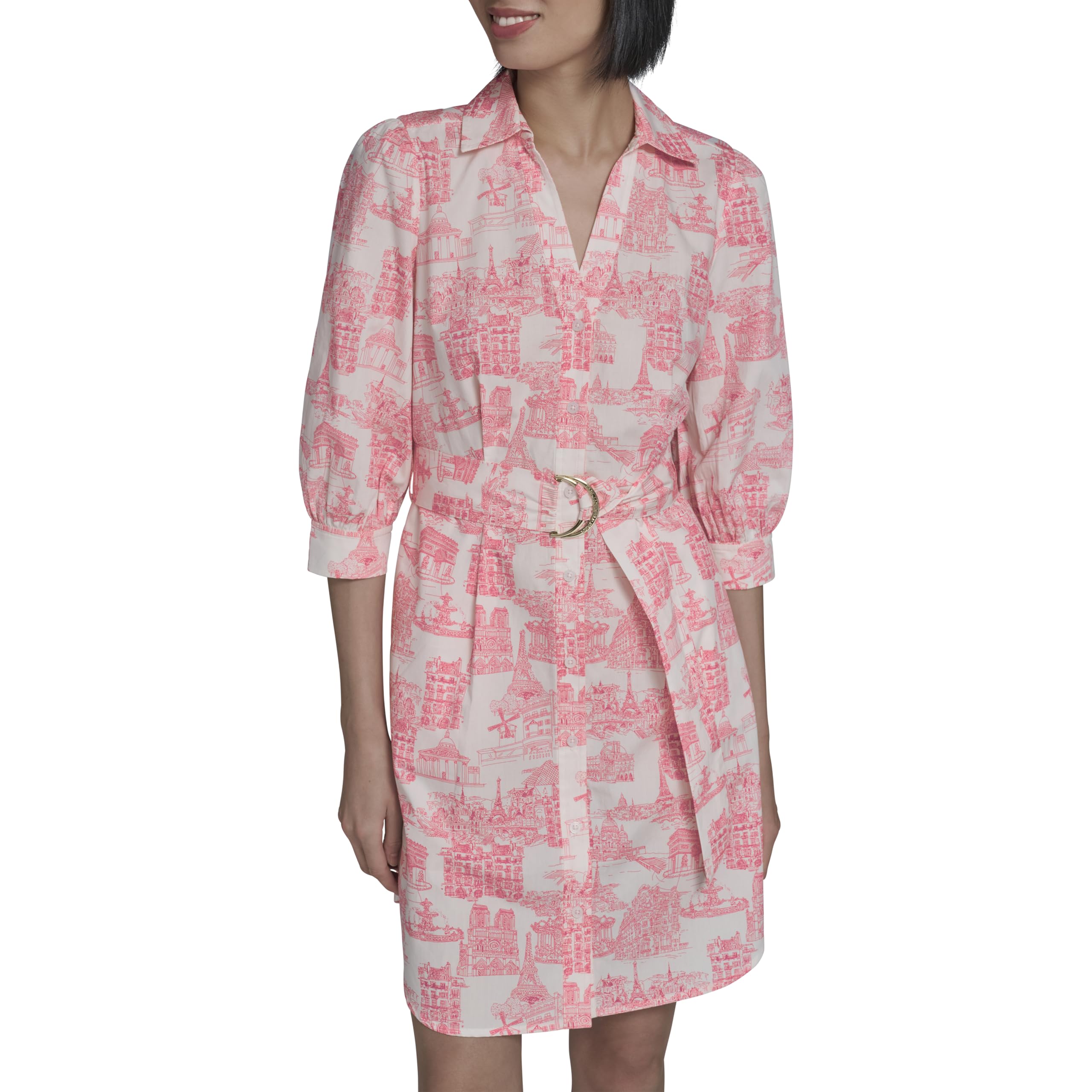 Karl Lagerfeld Women's 3/4 Sleeve Collared Belted Cotton Mini Shirtdress