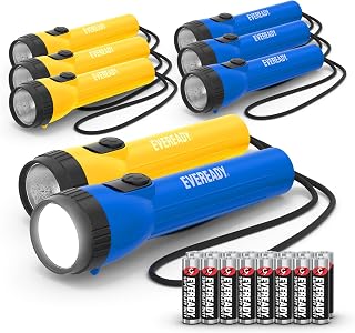 EVEREADY LED Flashlight, Survival Gear and Camping Essentials, 8-Pack | Bulk flashlights for home use, flashlights for emergencies and outages, non-slip grip, AA batteries Included, yellow/blue