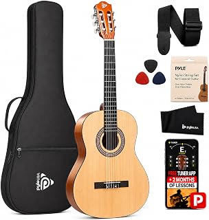 Pyle 36-Inch Beginner Classical Acoustic Guitar Kit, 3/4 Size Junior Nylon String Guitar for Kids and Adults, Includes Gig Bag, Strap, Spare Strings, Picks, Cleaning Cloth, 18 Frets, Natural, Gloss