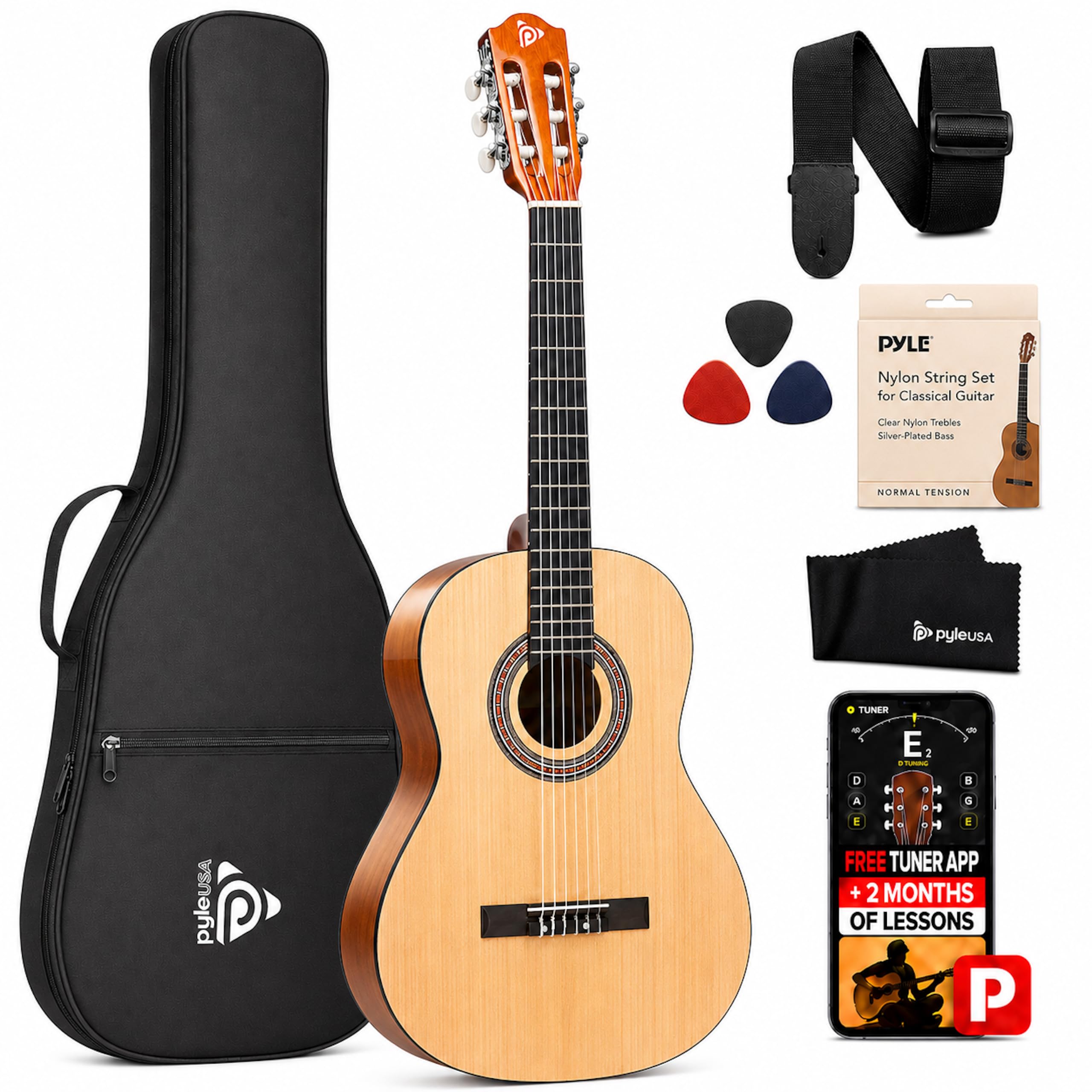 Pyle 36-Inch Beginner Classical Acoustic Guitar Kit, 3/4 Size Junior Nylon Strin