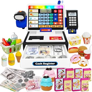 LED Calculator Cash Register Toy - Pretend Play Set Kids Cash Register with Scanner, Microphone and Credit Card, Math Skills Toy for 3, 4, 5, 6 7 8+ Year Old Girl Boy
