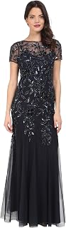 Adrianna Papell Women's Short-Sleeve Floral Beaded Godet Gown Dress