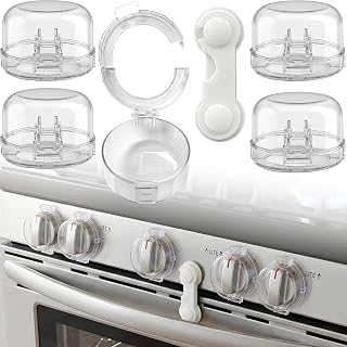 CyberNexus Stove Knob Safety Covers, V-0 Flame Retardant, 5 Covers &amp; 1 Lock | Clear, Heat-Resistant, Universal Gas Stove Knob Covers, Oven Door Lock for Child
