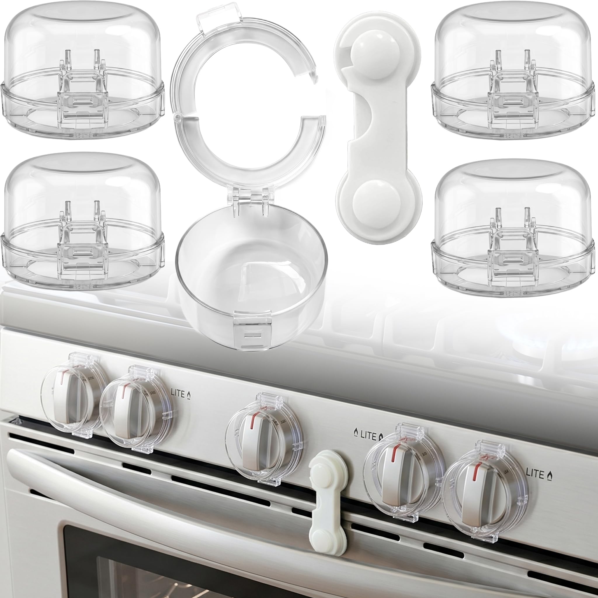 CyberNexus Stove Knob Safety Covers, V-0 Flame Retardant, 5 Covers &amp; 1 Lock 