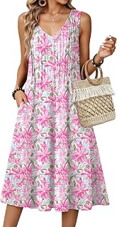 Zeagoo Women Summer Casual Dresses 2026 Sleeveless Midi Pleated Tank Sundress with Pockets V Neck A Line Swing Tshirt Dress
