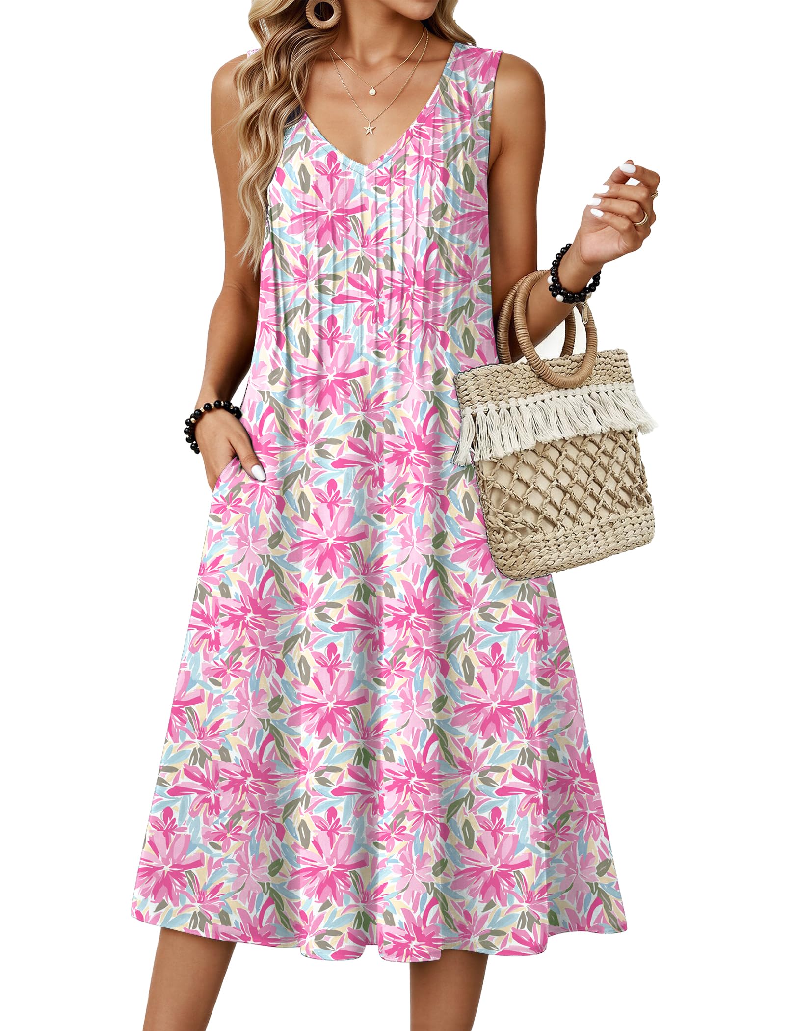 Zeagoo Women Summer Casual Dresses 2026 Sleeveless Midi Pleated Tank Sundress wi